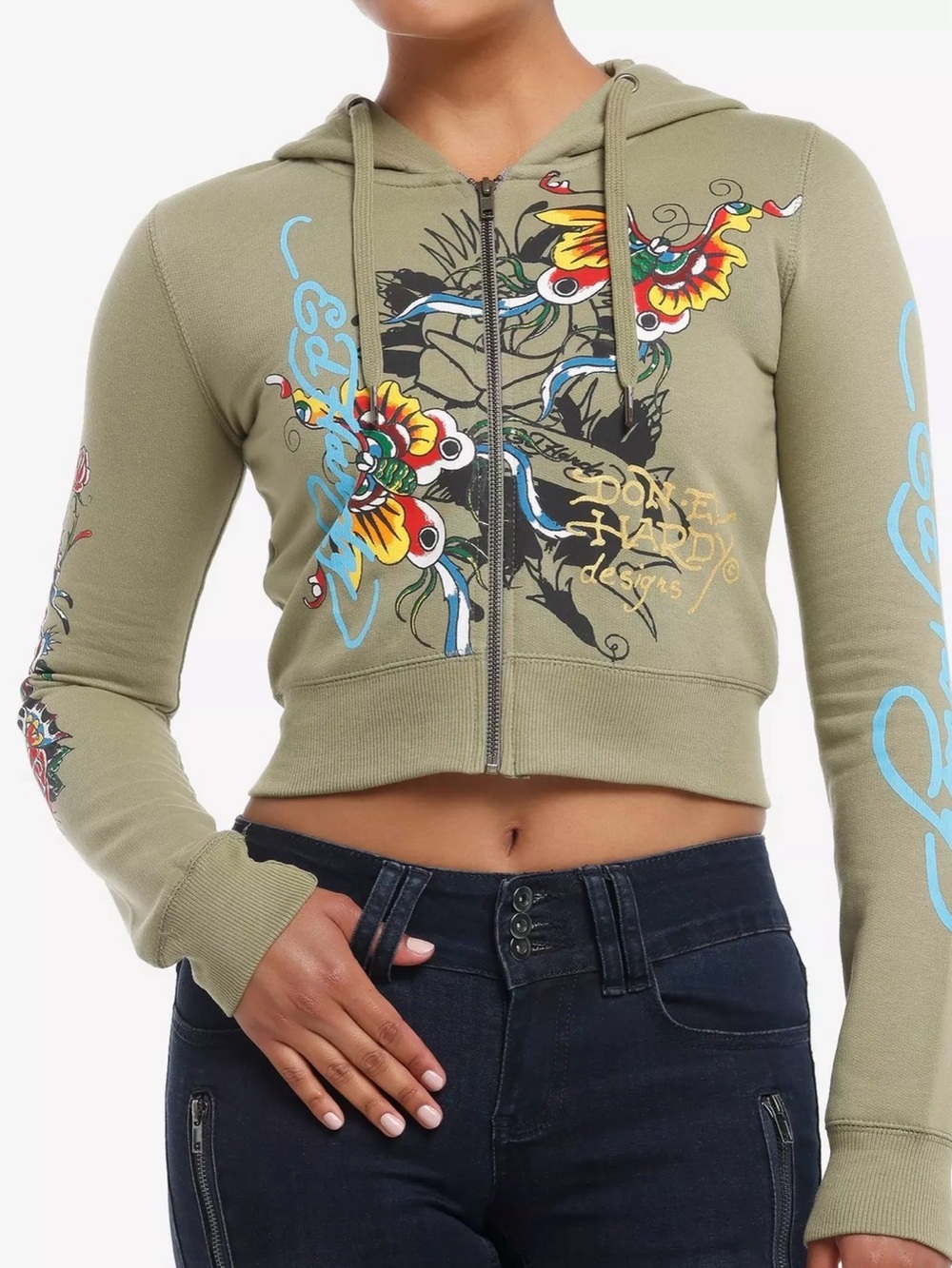 Ed Hardy Butterfly & Rose Crop Girls Hoodie Y2K